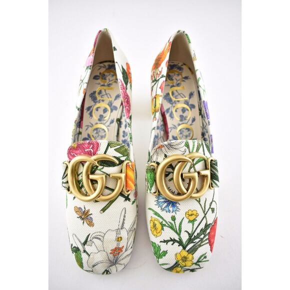 Gucci Victoire 55 White Canvas Floral Logo Block Mid Heel Mule Loafer Pump 35.5 - Picture 6 of 10
